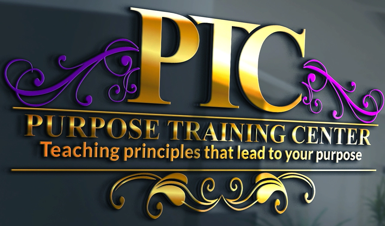 Logo of Purpose Training Center with gold and purple design.