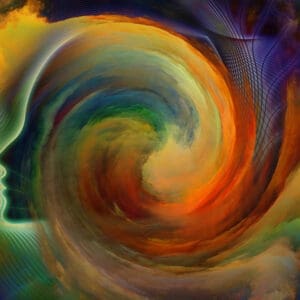 A colorful spiral blending human profile with swirling abstract patterns.