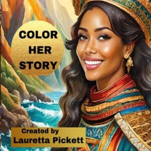 A vibrant portrait of a smiling woman with colorful jewelry and a natural backdrop.