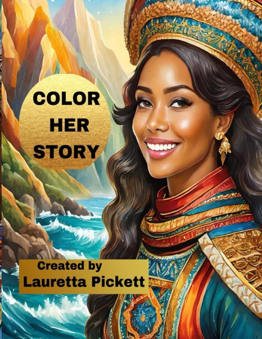 A vibrant portrait of a smiling woman with colorful jewelry and a natural backdrop.